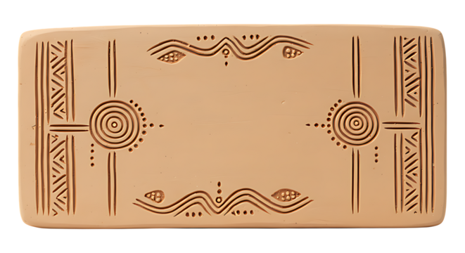 Aboriginal red clay nameplate with tribal handprint and engraved carvings, front-facing isolated on transparent background