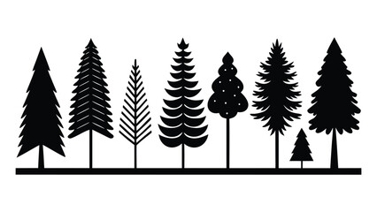 Fototapeta premium Vector art of collection of diverse pine tree silhouettes isolated on a white background, representing nature and forest elements.