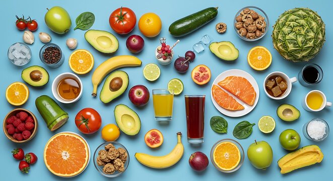 Flat lay of fruits vegetables and beverages on a blue background - Powered by Adobe