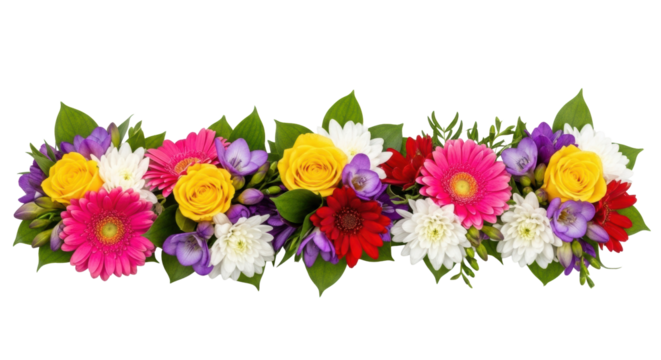 Multiple small colorful flower bouquets with pink gerberas, yellow roses, purple freesias, red flowers, white chrysanthemums, and green foliage, arranged horizontally on a transparent background with