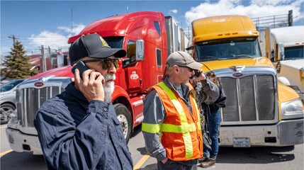 Truckers in Conversation: Two truck drivers, amidst the backdrop of their vibrant, large transport trucks, are immersed in phone conversations.