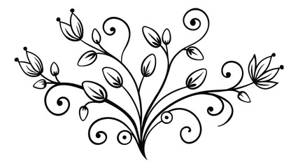 Vector art of a decorative black and white illustration of a swirling floral vine with leaves and buds, isolated on a white background.