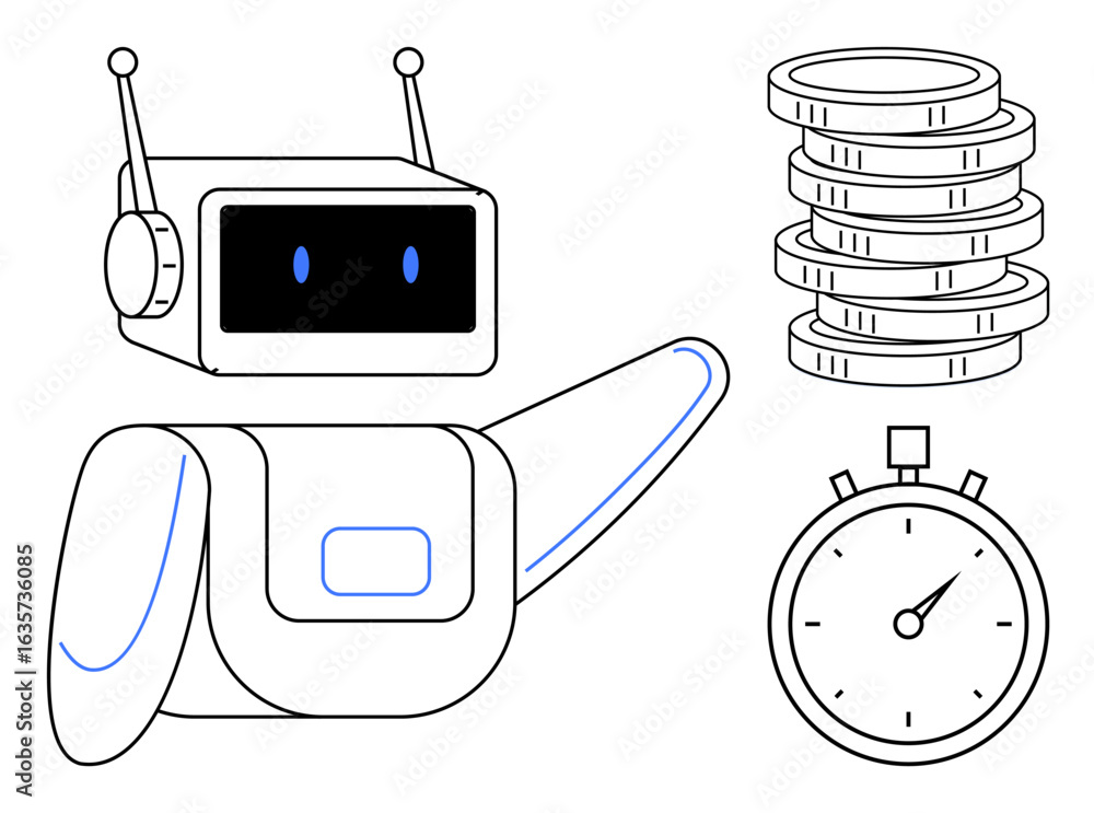 Poster robot arm, stack of coins, and stopwatch integrate automation, time management, and financial effici