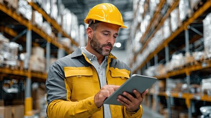 Warehouse Professional: A focused warehouse worker utilizes a tablet to manage inventory, demonstrating efficiency and precision in an organized storage setting.