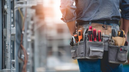 Construction worker with tool belt standing in building corridor.