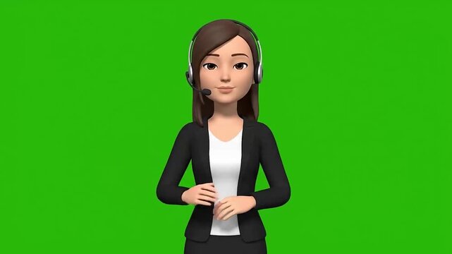 3D woman in business attire with headset gesturing on a green background