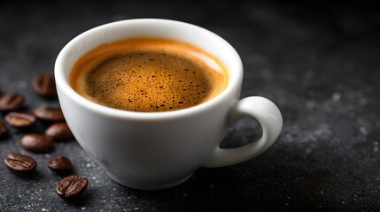 Obraz premium Fresh espresso in white cup with scattered coffee beans on dark surface.