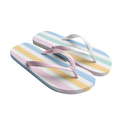 Pastel-colored striped flip-flops, top-down view.  White straps,  light pink, pastel yellow, light blue, and light green horizontal stripes on the footbed