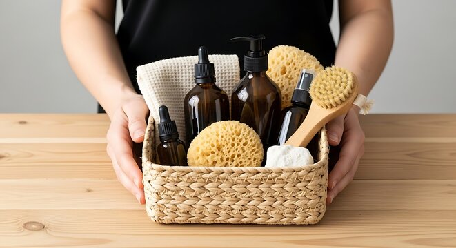A hand holds a white bottle of champagne with a yellow label, next to a picnic basket with cheese, bread, and red and white grapes - Powered by Adobe
