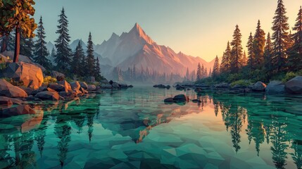 Low-poly mountain lake at dawn