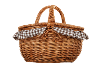Oval wicker picnic basket with gingham cloth