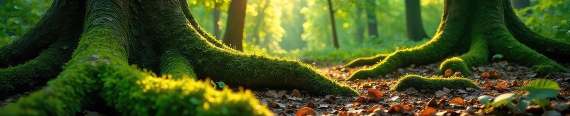 Obraz premium Sun-dappled forest floor, vibrant green moss covering ancient tree roots, dappled sunlight filtering through leaves A tranquil scene of woodland peace , foliage, growth, green