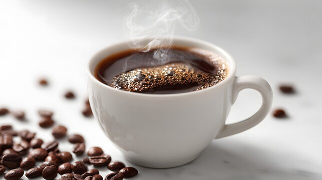 Steaming hot black coffee in white cup with roasted coffee beans on light background. - Powered by Adobe