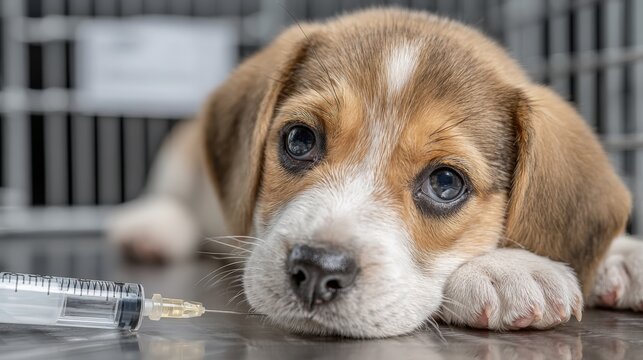 Canine preclinical vaccine testing featuring a beagle puppy in a metallic cage