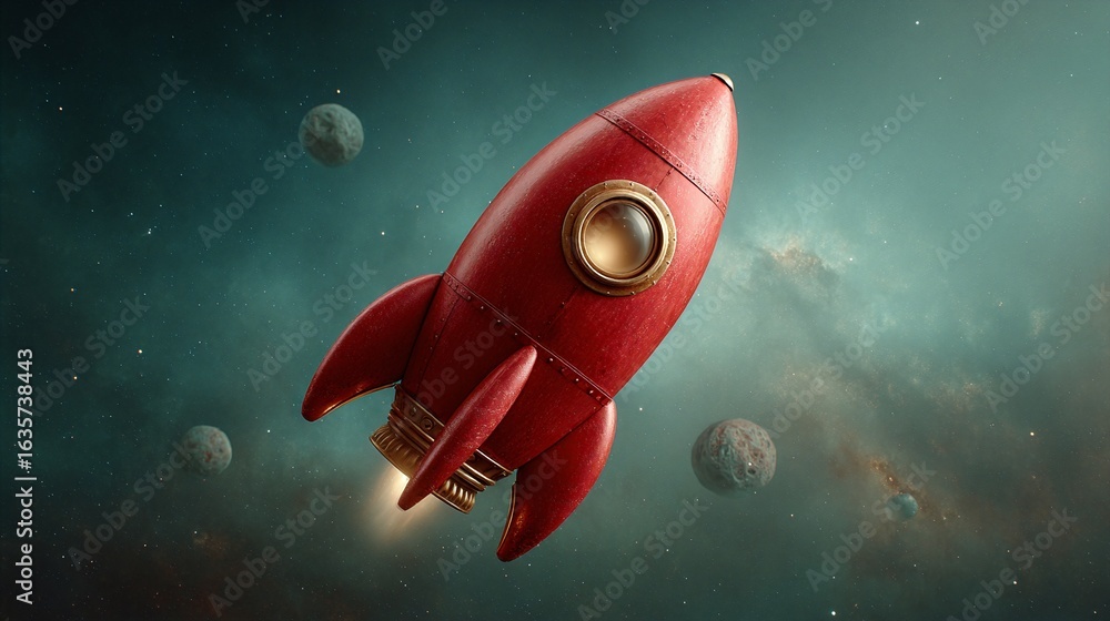 Poster a red rocket flying through space with planets in the background.