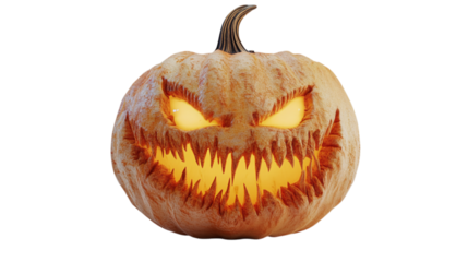 • A Halloween pumpkin with a spooky grin, isolated on white background in HD 