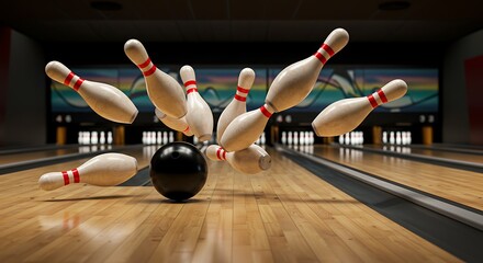 Bowling ball striking pins, scattering them in a dynamic action shot