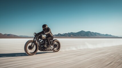 A rider accelerates on a motorcycle across vast white salt flats with mountains in the background.