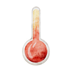 Watercolor thermometer indicating hot temperature on a transparent background. Icon Summer Weather Climate Forecast Meteorology Thermal Measurement Watercolor Illustration