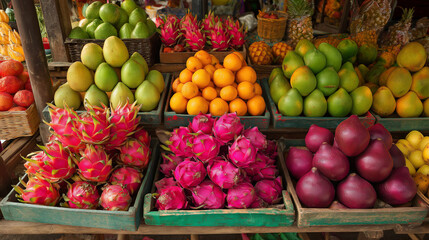 Tropical fruit vendor stall in Bali market with dragon fruit and mango