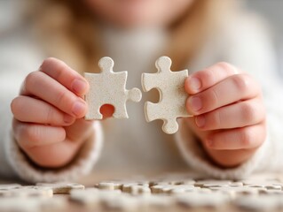 Child playing with matching jigsaw puzzle pieces, problem solving and development