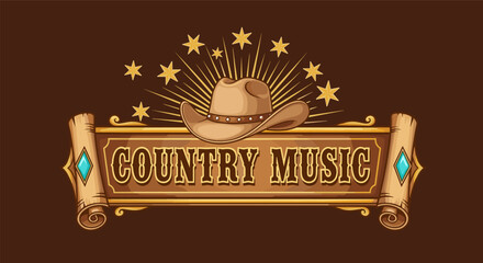 Country music emblem design with a cowboy hat and stars. Retro western style vector graphic logo template on a decorative vintage scroll.