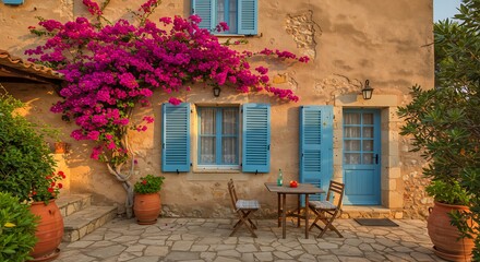 Charming Mediterranean Courtyard with Vibrant Bougainvillea