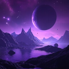 purple space landscape with planets and starry sky, meteors and mountains. Huge planet on the horizon volumetric laighting 3d rendered baackground.