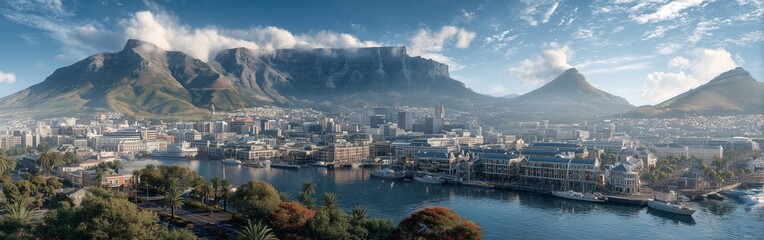 Skyline of Cape Town on sunny day, Table Mountain, V&A Waterfront prominent, bright daylight casting soft shadows, captured from high vantage point, urban landscape, cityscape photography