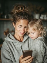 Mother and daughter sharing a moment while using smartphone
