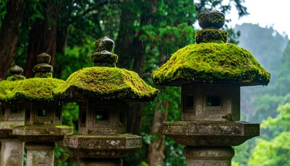 Moss covered shrine in rain