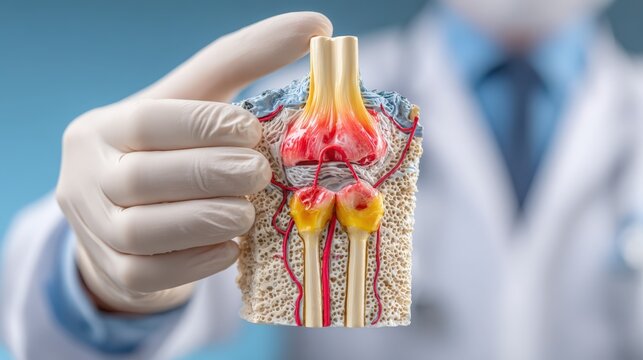 Rheumatologist demonstrates human knee joint anatomy with model in clinical setting
