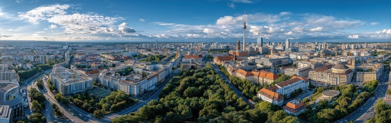 Skyline of Berlin on sunny day, with the Brandenburg Gate, Fernsehturm prominent, captured from high vantage point. Blue sky with minimal clouds, urban landscape, cityscape photography, 
