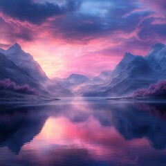 3d render, abstract panoramic background, surreal fantasy landscape with lake water, mountains and pink violet sunset sky. Mystical horizontal wallpaper