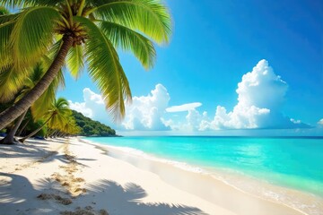 Fototapeta premium A vibrant summer beach scene with sun-drenched sand, turquoise water, and palm trees swaying gently in the warm breeze Perfect for travel, vacation, and holiday themes , serene, sea