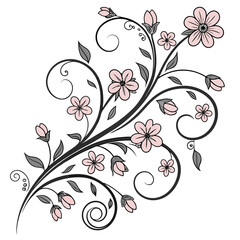 Pink floral vine with green leaves.