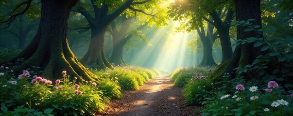 Mysterious, sun-dappled path winds through an ancient enchanted forest, dappled sunlight filtering through leaves, revealing magical flora and fauna , peaceful, woodland, whimsical