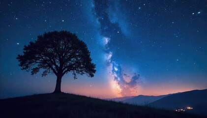Naklejka premium Silhouette of a lone tree against a star-filled night sky, conveying a sense of peace and spiritual reflection Perfect for meditation, yoga, or spiritual themes , nature, energy