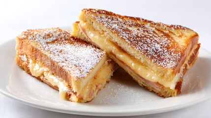 Grilled Monte Cristo sandwich with powdered sugar on white plate.