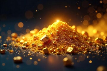 Gleaming gold nuggets, radiating celestial light, scattered on a dark, ethereal surface  A mystical representation of divine wealth and power ,  surface,  ethereal