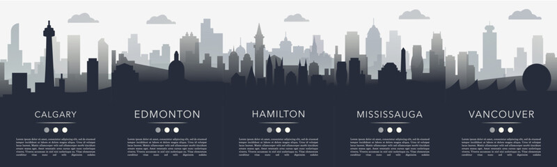 Obraz premium Canada cities minimalistic poster pack with copy space, text, skylines, landmarks of Calgary, Vancouver, Edmonton, Hamilton, Mississauga. Vector illustration set. Monochrome travel images
