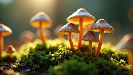 Fototapeta premium Small mushrooms in a bed of moss bathed in sunlight.