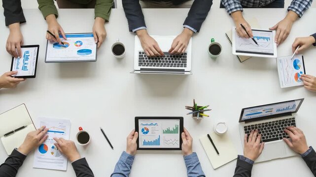 Overhead view of a diverse business team collaborating around a table with laptops, tablets, and reports during a meeting
