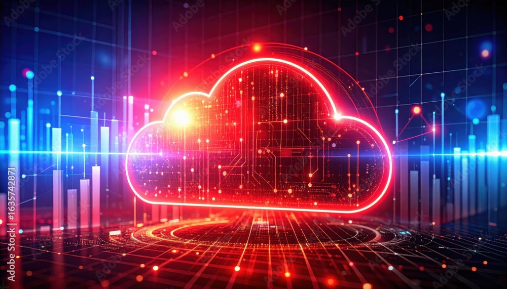Poster a glowing digital cloud with data bars, representing cloud computing technology.