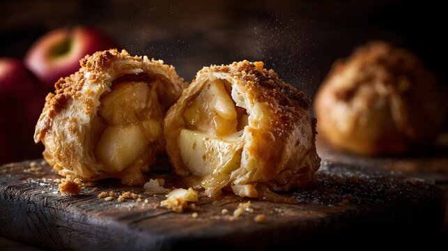 Close-up of apple dumpling torn open showing juicy apple filling.
