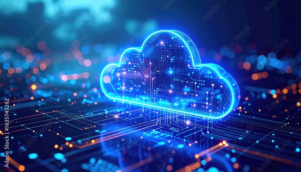 Poster a glowing digital cloud over a circuit board, symbolizing cloud computing and technology.