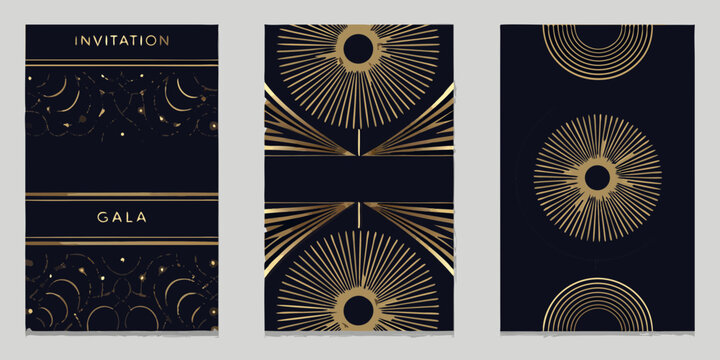 Elegant art deco invitations with gold geometric designs on navy background
