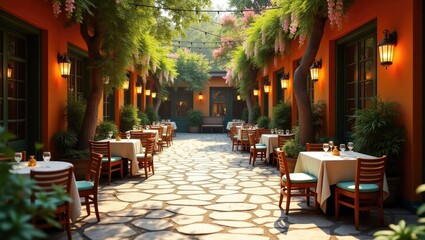 A charming outdoor patio restaurant with tables and chairs under trees.