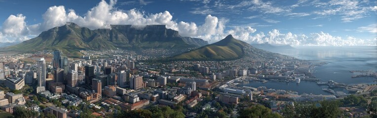Skyline of Cape Town on sunny day, Table Mountain, V&A Waterfront prominent, bright daylight casting soft shadows, captured from high vantage point, urban landscape, cityscape photography