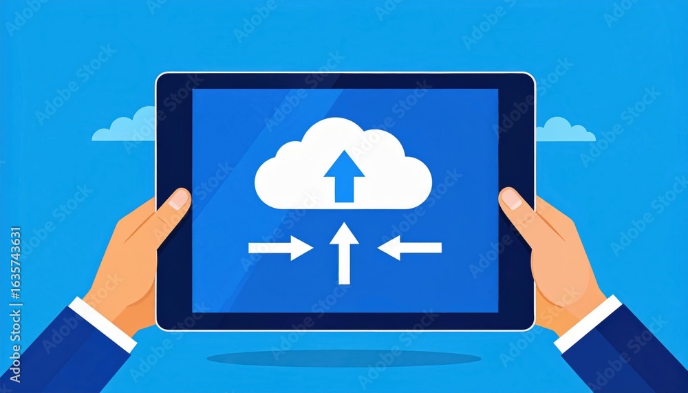 Aufkleber illustration of hands holding a tablet showing a cloud with arrows, symbolizing data upload and down